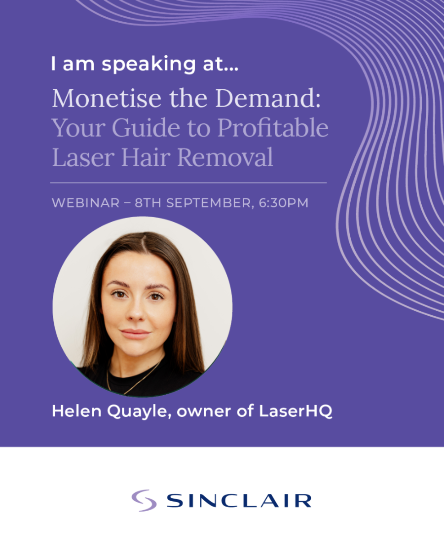 Promotional flyer for a webinar on profitable laser hair removal with a photo of Helen Quayle from LaserHQ.